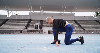 Buy stock photo Start, race track and woman with run for sport, competition or athlete on your mark. Challenge, contest and runner ready for sprint or training for cardio, practice or performance profile at stadium