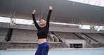 Excited, athlete and woman at stadium, success or cheering for complete fitness goal or celebration. Outdoor, runner and person with smile for achievement, training and exercise for marathon or sport