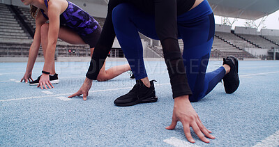 Buy stock photo Start, race track and hands with run for sport, competition or people in line. Challenge, contest and runners on your mark, ready for sprint or training for cardio, practice or performance at stadium