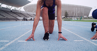 Buy stock photo Starting line, race track and body of woman in stadium for running, practice or training for competition. Fitness, runner and athlete getting ready for cardio workout, exercise or challenge at arena.