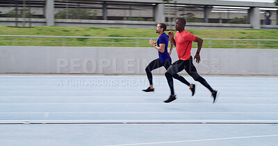 Buy stock photo Athlete, people and running a race on track for competition practice, speed training and endurance. Runner, men and fast at stadium for fitness event, pace challenge and sports performance with space