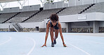 Start, race track and woman in portrait for run, competition or on your mark. Challenge, contest and serious runner ready for sprint with training for cardio, practice or performance at stadium