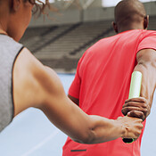 Team, hand and running with baton for relay, sports and fitness ...