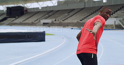 Buy stock photo Black man, hand and running at race track for relay, sports or fitness challenge outdoor. Sprint, competition and person at stadium for training, workout and cardio exercise for athletics from back