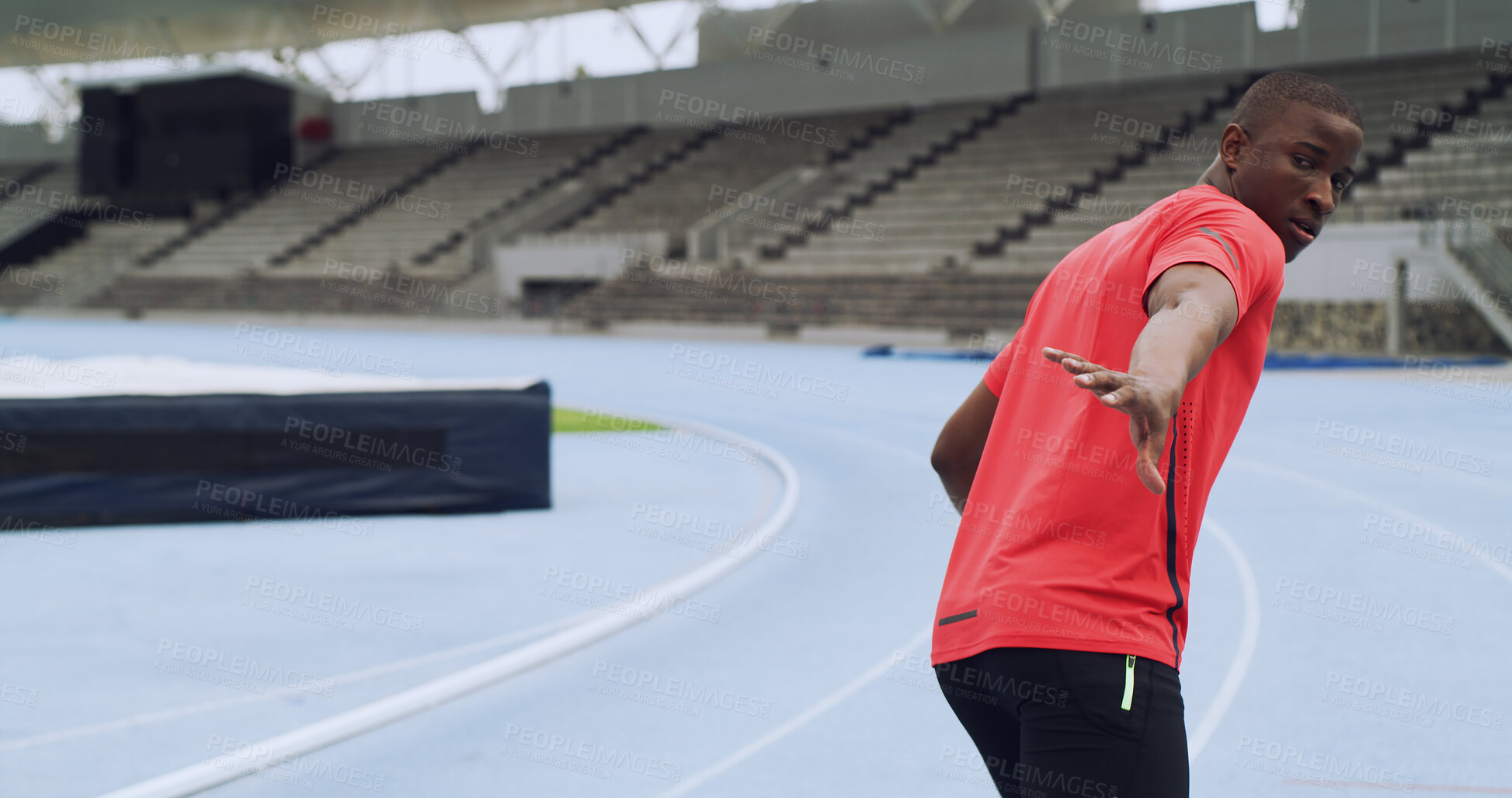 Buy stock photo Black man, hand and running at race track for relay, sports or fitness challenge outdoor. Sprint, competition and person at stadium for training, workout and cardio exercise for athletics from back