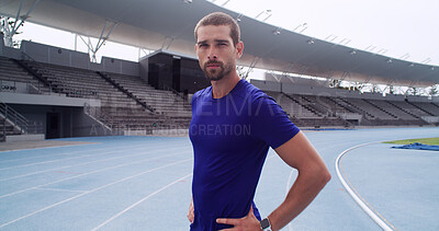 Buy stock photo Runner, portrait and athlete or man on race track for fitness, marathon practice and workout. Cardio challenge, exercise and running competition with person in sports stadium for training and event