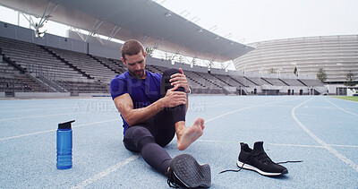 Buy stock photo Pain, track and man with fitness, leg and joint injury with muscle tension, bruise and accident. Athlete, outdoor and person on ground, medical emergency and workout with training and inflammation