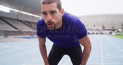 Buy stock photo Fatigue, runner and man on break at race track for exercise recovery, health and breathing outdoor. Stadium, exhausted athlete and rest for fitness, cardio challenge and tired of athletic sports