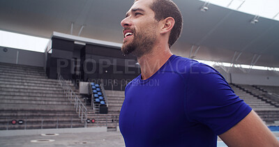 Buy stock photo Athlete, man and tired with breathing at stadium for fatigue, race break or competition with burnout. Fitness, workout and runner sweating for exercise, outdoor challenge or exhausted for recovery