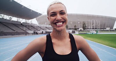Buy stock photo Athlete, smile portrait and woman on sports track for training break, workout and wellness. Happy, female runner and confident at stadium for exercise, health and outdoor for fitness challenge