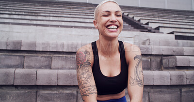 Buy stock photo Woman, athlete and happy with thinking at stadium with inspiration on break for training at club. Person, runner and laugh with funny memory, perspective and reflection at sports arena in Australia