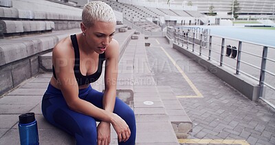 Buy stock photo Runner, woman and tired with breathing at stadium for running recovery, overworked and resting. Athlete, girl and exhausted with break on stairs for training challenge, burnout and exercise fatigue