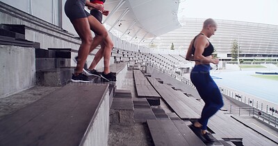 Buy stock photo Group, woman and running on stairs at stadium for fitness, cardio exercise and marathon practice. Athlete, people and team training on steps for endurance, sports workout and tournament preparation