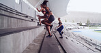 Fitness, running and stairs with people in stadium together for competition, training or workout. Cardio, exercise and intensity with group of friends in arena or venue for challenge or performance