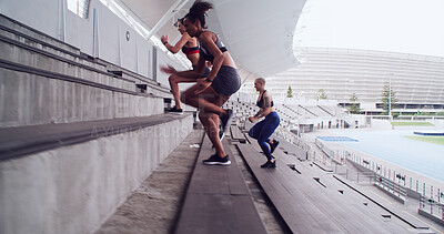 Buy stock photo Fitness, running and stairs with people in stadium together for competition, training or workout. Cardio, exercise and intensity with group of friends in arena or venue for challenge or performance