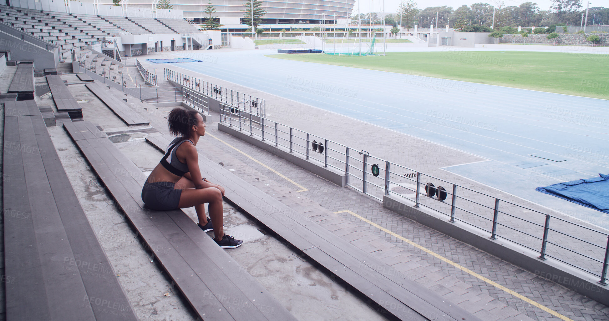 Buy stock photo Thinking, athlete and woman relax at stadium for fitness break, planning and exercise ideas. Female person, wonder or rest on bench of sports reflection, training decision and competition preparation