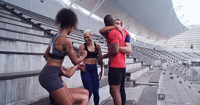 Buy stock photo Fitness, hug and success with people in stadium together for achievement or celebration of goals. Exercise, health and support with group of athlete friends embracing in arena for training target