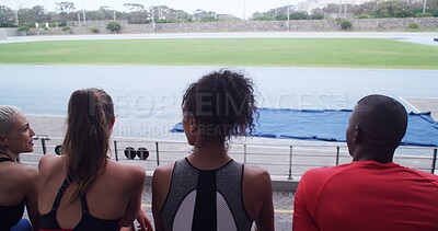 Buy stock photo Outdoor, athlete and people on break, bleachers or team at stadium for competition or communication. Back, fitness and view of sports field, runner and planning for marathon, wellness and talking