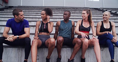 Buy stock photo Fitness, friends and talk at stadium for relax, sports or advice with runners outdoor together. Group, break and conversation with happy athlete for health, communication or exercise tips with people