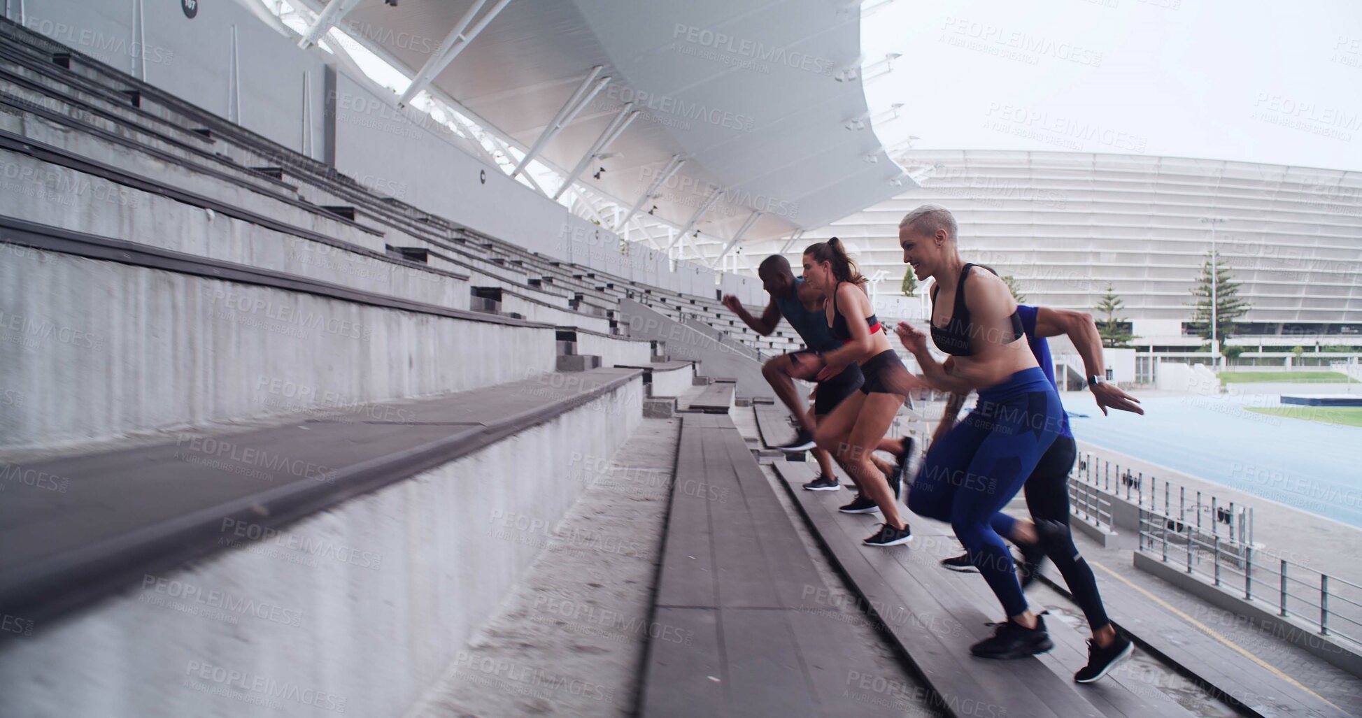 Buy stock photo Athlete, group and running on stairs at stadium for competition practice, endurance and challenge. Teamwork, people and training on steps at arena for performance stamina, fitness routine and workout