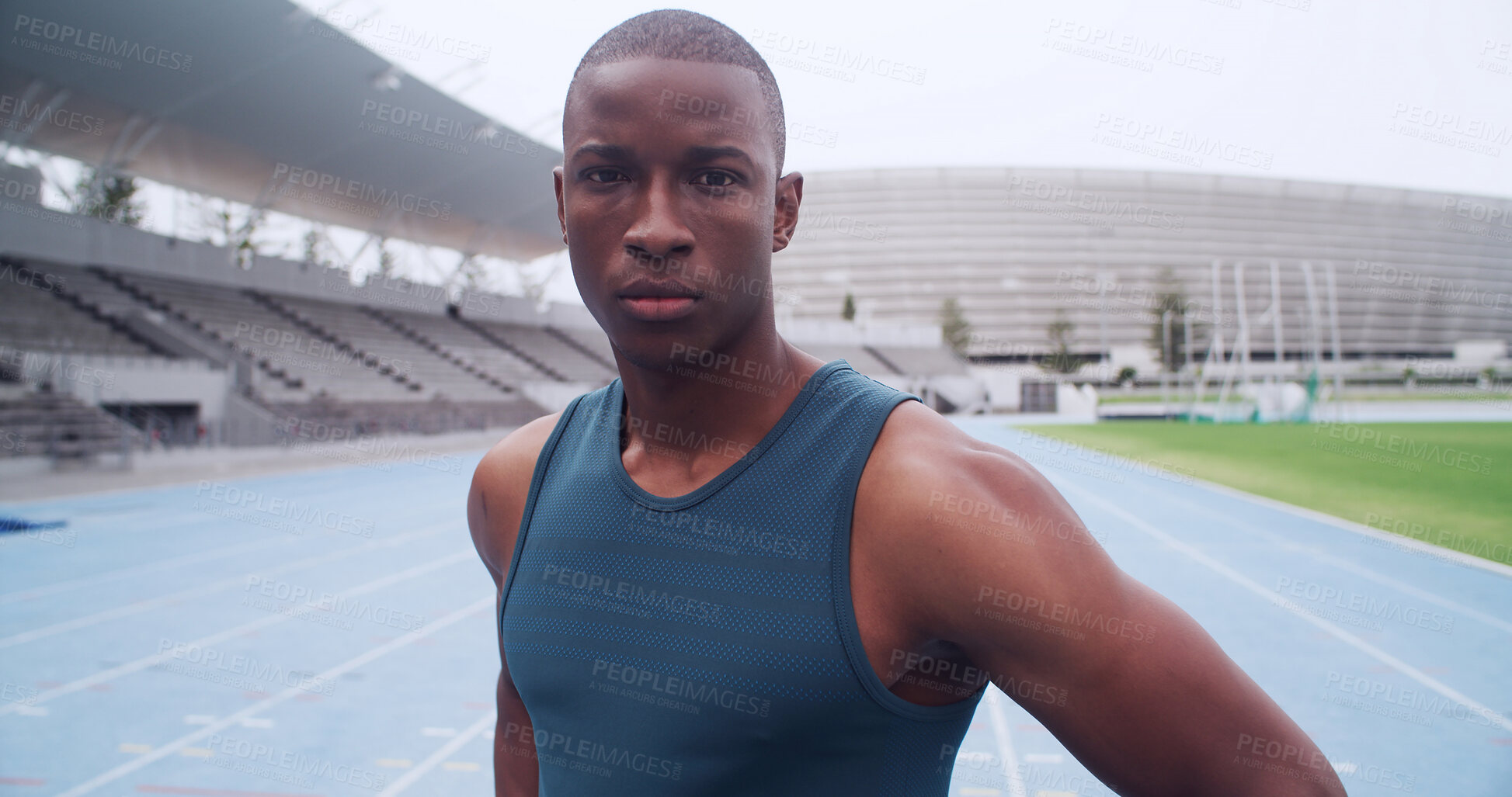 Buy stock photo Runner, portrait and sports with black man on race track for fitness, marathon practice and workout. Cardio challenge, exercise and running competition with person in stadium for training and event