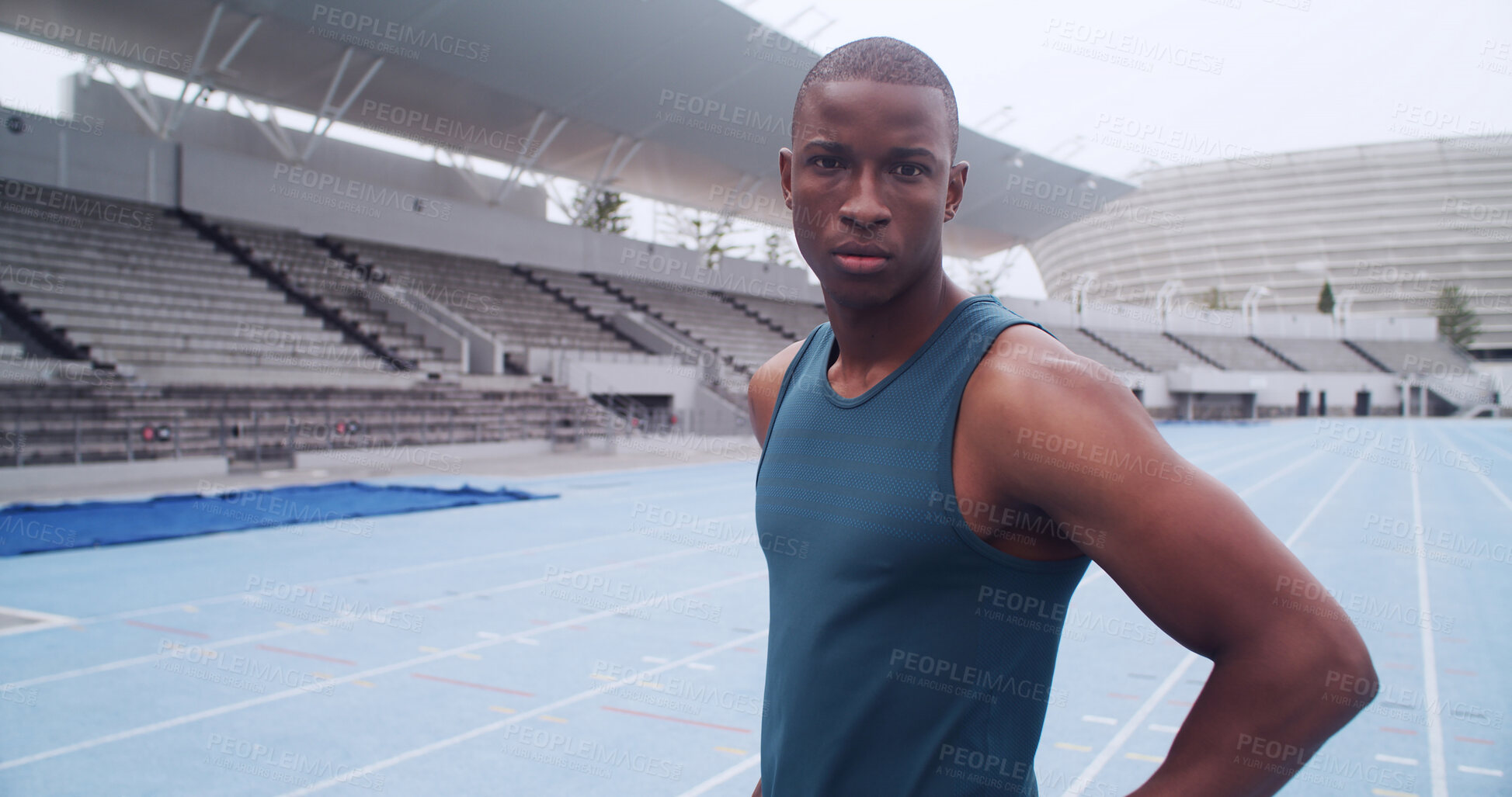 Buy stock photo Black man, athlete and portrait at stadium for sports competition, running or fitness. Training, serious and confident person outdoor as track runner, workout and space for marathon and wellness