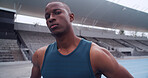 Black man, runner and portrait at stadium for sports competition, athlete or fitness. Training, serious and confident person outdoor for running, workout and track for marathon and wellness