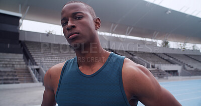 Buy stock photo Black man, runner and portrait at stadium for sports competition, athlete or fitness. Training, serious and confident person outdoor for running, workout and track for marathon and wellness