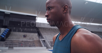 Buy stock photo Black man, athlete and thinking at stadium for sports competition, running or fitness mindset. Training plan, serious and person outdoor as track runner, marathon and space for workout and wellness