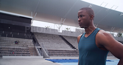 Buy stock photo Black man, athlete and thinking at stadium for training routine, challenge and ready on track. African person, runner and perspective at arena for fitness, exercise or mindset at sports club in Kenya