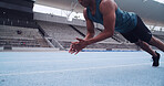 Hands, athlete and push up on track, stadium and clap for coordination, agility or fitness routine. Person, exercise and plyometrics with benefits for muscle growth, workout and challenge with sports
