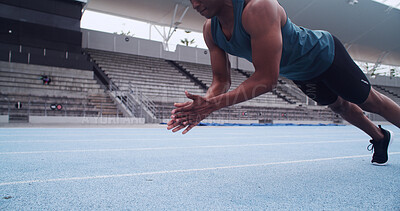 Buy stock photo Hands, athlete and push up on track, stadium and clap for coordination, agility or fitness routine. Person, exercise and plyometrics with benefits for muscle growth, workout and challenge with sports