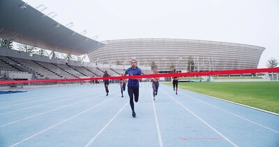 Buy stock photo Stadium, finish line and people on track for running, sports challenge or cardio fitness. Outdoor, athlete sprinter or fast runners in event for training, exercise or contest in competition arena