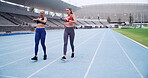 Running, team and fitness with women on race track for workout, cardio challenge and marathon practice. Competition, training and contest with people in stadium for sports athlete and sprinting