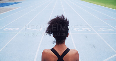 Buy stock photo Runner, back and woman on track for waiting, sports challenge or cardio fitness. Exercise, athlete sprinter or healthy female person ready to race in training, running event or competition in stadium