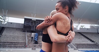 Buy stock photo Fitness, women and celebration with hug in stadium for workout, marathon race or running. Athlete friends, health and outdoor challenge for exercise goals, teamwork or support for cardio achievement