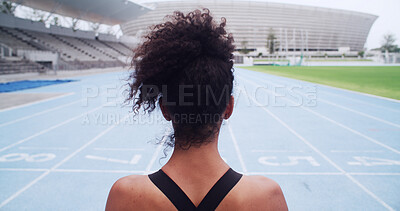 Buy stock photo Runner, back and woman in stadium for waiting, sports challenge or cardio fitness. Exercise, athlete sprinter or healthy female person ready to race in training, running event or competition on track
