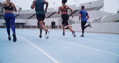 Buy stock photo Running, competition and fitness with people on race track for workout, challenge and marathon. Exercise, health and sports athlete with back of runner in stadium for training, sprint and cardio