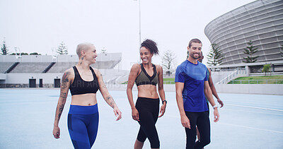 Buy stock photo Runner, smile and fitness with people on race track for workout, cardio challenge and marathon practice. Competition, training and contest with friends in stadium for sports athlete and team