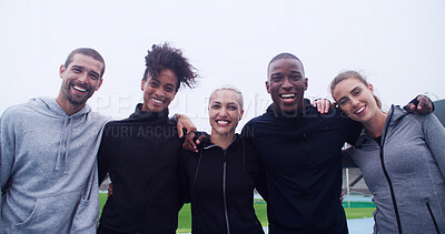 Buy stock photo Exercise, hug and portrait of athlete friends in stadium for bonding, competition or support. Fitness, smile and teamwork with group of happy people outdoor at venue for health, training or workout