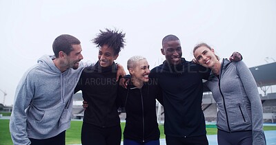 Buy stock photo Fitness, hug and smile of athlete friends in stadium for bonding, competition or support. Embracing, exercise and teamwork with group of happy people outdoor at venue for health, training or workout