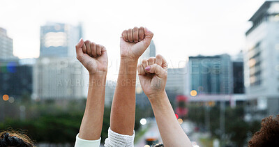 Buy stock photo Hands, people and fist for protest outdoor to stop war, justice and society support of revolution. Community, vote and fight for government change, election propaganda and rally together for equality