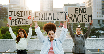 Buy stock photo Portrait, women and protest poster in city for equality, end racism and justice peace. People, billboard and community fight for society freedom, inequality propaganda and sign for democracy movement