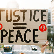 Peace Sign Forgery Hands, sign and protest for peace in city, symbol and justice for war ...