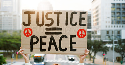 Buy stock photo Hands, sign and protest for peace in city, symbol and justice for war crime victims in street. Person, activist and poster board with ceasefire demand for conflict, crisis or global battle in town