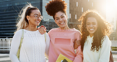 Buy stock photo Portrait, smile and women in city for college education, school or learning with students. Happy friends, academy and people at university for development, future career or knowledge growth on campus