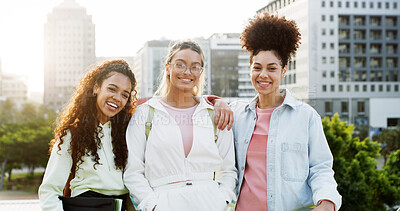 Buy stock photo Portrait, students or happy women in park on campus for college education, about us and learning. Friends, academy and people at university for development opportunity, future and support at school
