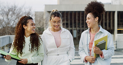 Buy stock photo Walking, students or happy women in conversation on campus for college education and learning. Friends, academy and people at university for development opportunity, study group and support at school