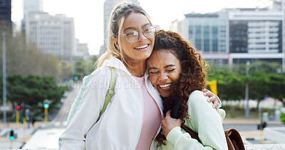 Buy stock photo Students, happy and women in city hug excited for education, learning and commute to college. Friends, university and people embrace in town for school, future and studying opportunity on campus