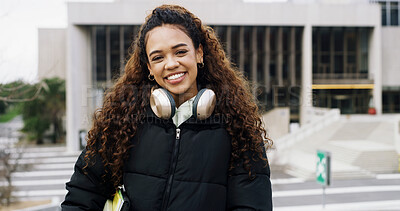 Buy stock photo Student, portrait of woman and smile on campus with headphones for music, knowledge and academics. Female person, audio tech and happy outdoor at university for education or future career opportunity